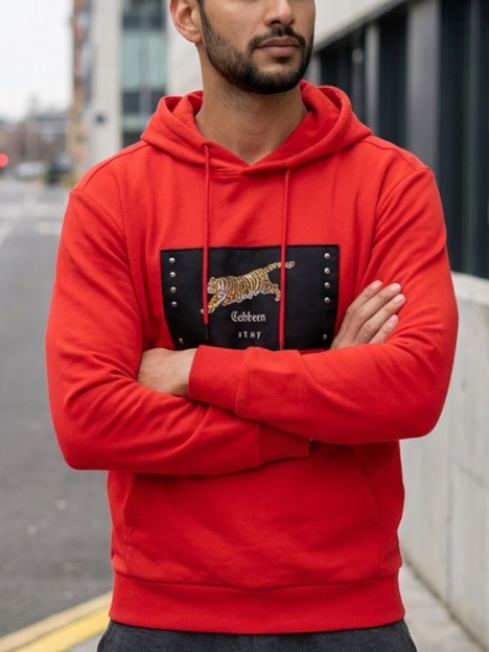 Men's Red Hoodie with Embroidered Tiger Graphic size 48 med